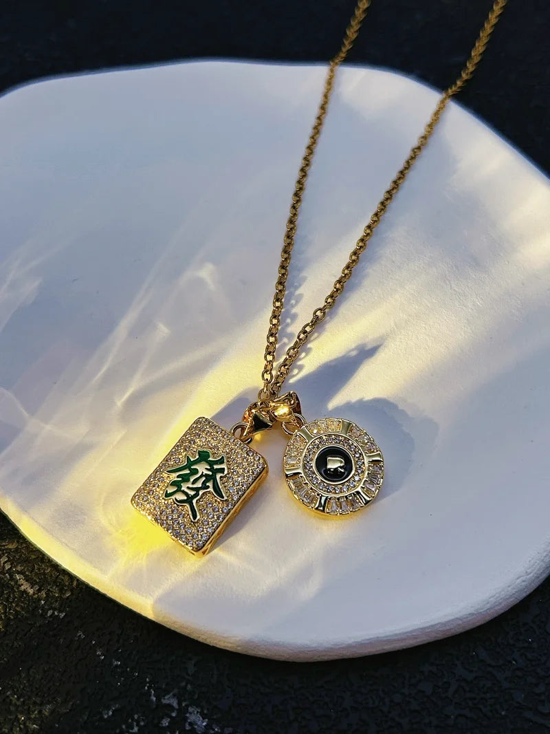 彩琉璃「鎏金籌碼/發財麻將 🀅」鎖骨疊戴項鍊